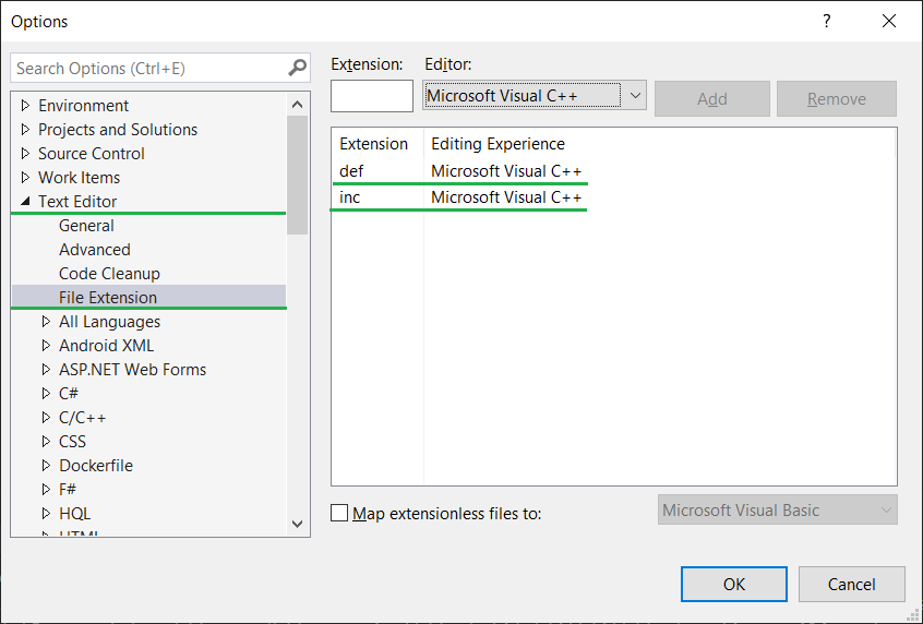 VS > Text Editor > File Extensions